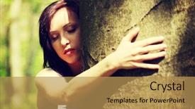  Presentation with hear - PPT theme featuring young woman holding face next to tree trying to hear voice of nature girl standing with ear next to wood pretty girl with eyes closed background and a gold colored foreground