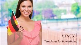  Presentation with happy young student girl holding - Slide deck consisting of young woman holding german flag background and a lemonade colored foreground