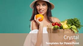  Presentation with grocery bag - Cool new slides with young woman holding grocery paper shopping bag full of fresh vegetables diet healthy eating concept backdrop and a coral colored foreground