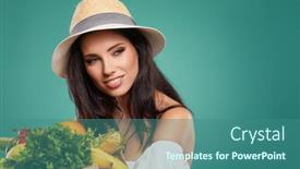  Presentation with grocery bag - Theme enhanced with young woman holding grocery paper shopping bag full of fresh vegetables diet healthy eating concept background and a ocean colored foreground