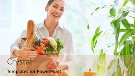  Presentation with grocery bag - Slide deck enhanced with young woman holding grocery shopping bag with vegetables background and a coral colored foreground