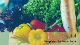  Presentation with grocery bag - PPT theme with young woman holding grocery shopping bag with vegetables standing in the kitchen background and a yellow colored foreground