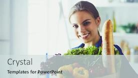  Presentation with grocery bag - Amazing PPT layouts having young woman holding grocery shopping bag with vegetables standing in the kitchen backdrop and a sky blue colored foreground