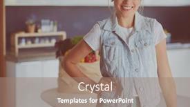  Presentation with grocery bag - PPT theme having young woman holding grocery shopping bag with vegetables standing in the kitchen background and a coral colored foreground