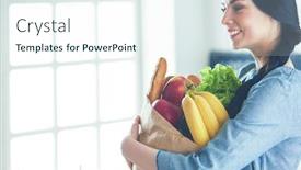  Presentation with grocery bag - PPT theme having young woman holding grocery shopping bag with vegetables standing in the kitchen background and a sky blue colored foreground