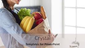  Presentation with grocery bag - Presentation design with young-woman-holding-grocery-shopping background and a mint green colored foreground