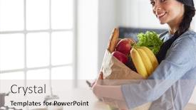  Presentation with grocery bag - Slide set having young-woman-holding-grocery-shopping background and a soft green colored foreground