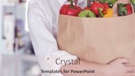  Presentation with grocery bag - Beautiful PPT theme featuring young-woman-holding-grocery-shopping backdrop and a soft green colored foreground