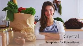  Presentation with grocery bag - Slide set consisting of young-woman-holding-grocery-shopping background and a coral colored foreground