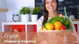  Presentation with grocery bag - Colorful presentation theme enhanced with young woman holding grocery shopping bag with vegetables backdrop and a coral colored foreground