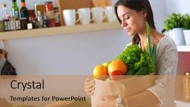  Presentation with grocery bag - Cool new slides with young woman holding grocery shopping bag with vegetables backdrop and a coral colored foreground
