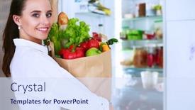 Presentation with grocery bag - Slide set having young-woman-holding-grocery-shopping background and a sky blue colored foreground