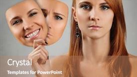  Presentation with sad - Presentation enhanced with young woman holding happy mask background and a coral colored foreground