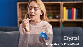  Presentation with anonymous invisible face in urban - Presentation theme enhanced with young-woman-holding-invisible-aligner background and a dark gray colored foreground