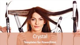  Presentation with curling - PPT layouts featuring young woman holding iron curling background and a coral colored foreground