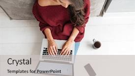  Presentation with top view of candles - PPT theme having young woman holding laptop computer background and a light gray colored foreground