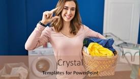  Presentation with laundry - Slides with young-woman-holding-laundry-basket background and a coral colored foreground