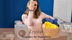  Presentation with laundry - Presentation theme consisting of young-woman-holding-laundry-basket background and a  colored foreground