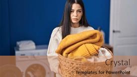  Presentation with woman crying - Slide deck having young-woman-holding-laundry-basket background and a  colored foreground