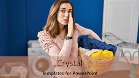  Presentation with talk - PPT theme with young-woman-holding-laundry-basket background and a coral colored foreground