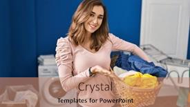  Presentation with woman hands open - Theme featuring young-woman-holding-laundry-basket background and a coral colored foreground