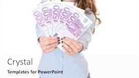  Presentation with cash - Slide set with young woman holding lots of cash in euro all on white background background and a white colored foreground