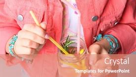  Presentation with mason jar - PPT theme enhanced with young woman holding mason jar with pink lemonade closeup background and a coral colored foreground