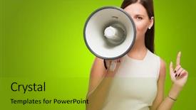  Presentation with swim against the current - Colorful theme enhanced with young woman holding megaphone backdrop and a gold colored foreground