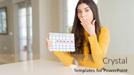  Presentation with shame - Slide set consisting of speak period - young woman holding menstruation calendar background and a yellow colored foreground