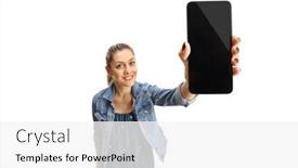  Presentation with phone - Cool new PPT theme with young-woman-holding-mobile-phone backdrop and a white colored foreground
