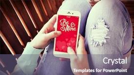  Presentation with mobile phone in woman hand - PPT layouts enhanced with young woman holding mobile phone background and a violet colored foreground