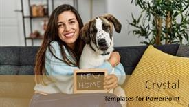  Presentation with new home - PPT theme consisting of young-woman-holding-new-home background and a  colored foreground