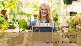  Presentation with an open pit mining - Audience pleasing presentation design consisting of young woman holding open sign backdrop and a coral colored foreground