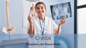  Presentation with pelvis - Presentation theme featuring young-woman-holding-pelvis-radiography background and a teal colored foreground