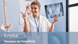  Presentation with pelvis - Theme consisting of young-woman-holding-pelvis-radiography background and a teal colored foreground