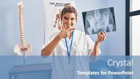  Presentation with pelvis - Presentation theme featuring young-woman-holding-pelvis-radiography background and a teal colored foreground