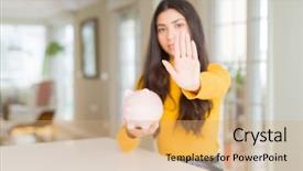  Presentation with defense - Beautiful presentation theme featuring young woman holding piggy bank backdrop and a  colored foreground