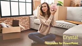  Presentation with piggy bank - Presentation enhanced with young-woman-holding-piggy-bank background and a violet colored foreground