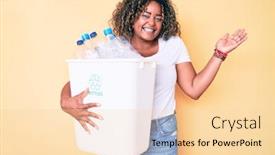  Presentation with plastic recycling - Slides enhanced with young-woman-holding-recycling-wastebasket background and a lemonade colored foreground