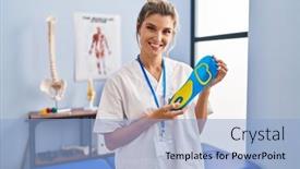  Presentation with shoe - Presentation theme consisting of young-woman-holding-shoe-insole background and a light blue colored foreground