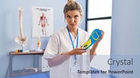  Presentation with physiotherapy - Theme having young-woman-holding-shoe-insole background and a light blue colored foreground