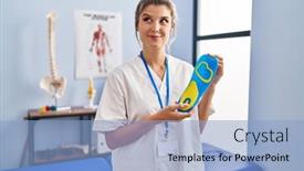  Presentation with physiotherapy - PPT theme having young-woman-holding-shoe-insole background and a light blue colored foreground
