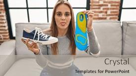  Presentation with shoe - Presentation having young-woman-holding-shoe-insole background and a light gray colored foreground