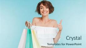  Presentation with bag - Audience pleasing theme consisting of young woman holding shopping bag backdrop and a sky blue colored foreground