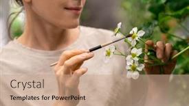  Presentation with flower woman - Presentation featuring young-woman-holding-small-strawberry background and a coral colored foreground