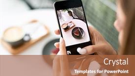 Presentation with cappuccino - Slide deck featuring young woman holding smartphone over served table in cafe while taking photo of cappuccino and dessert background and a red colored foreground