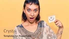  Presentation with mouth - Presentation design having young-woman-holding-smile-emoji background and a coral colored foreground