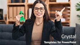  Presentation with ribbon green - Presentation theme featuring young-woman-holding-support-green background and a wine colored foreground