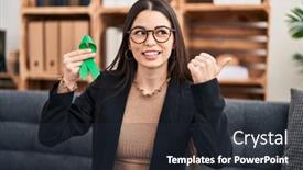  Presentation with ribbon green - PPT theme having young-woman-holding-support-green background and a wine colored foreground