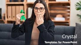  Presentation with ribbon green - PPT theme consisting of young-woman-holding-support-green background and a tawny brown colored foreground